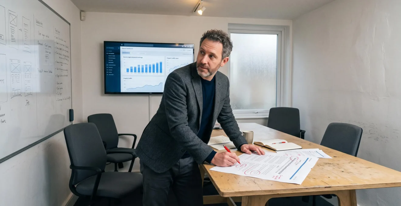 Un consultant SEO debout annote à l'aide d'un stylo rouge un article imprimé posé sur une table, avec un écran d'analyse de positionnement en arrière-plan.