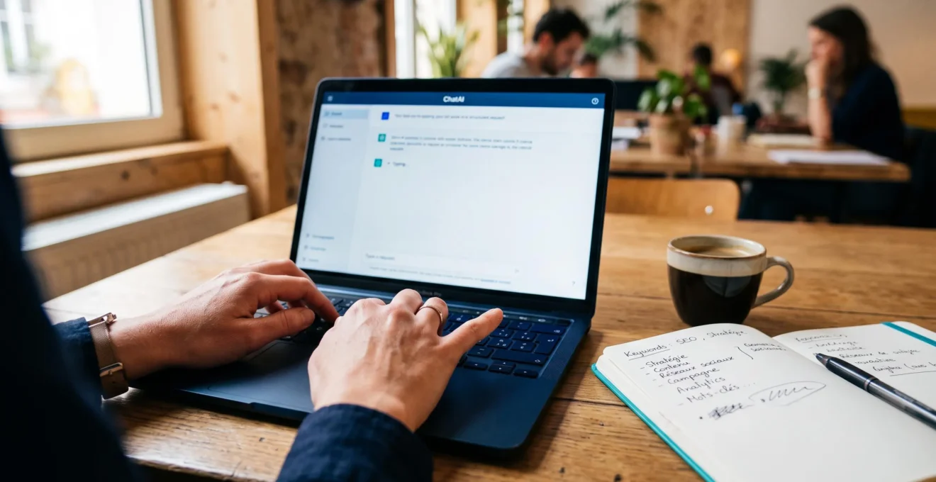 Gros plan sur des mains rédigeant une requête structurée sur un ordinateur portable dont l'écran affiche une interface de chat IA, avec un carnet de mots-clés à côté.