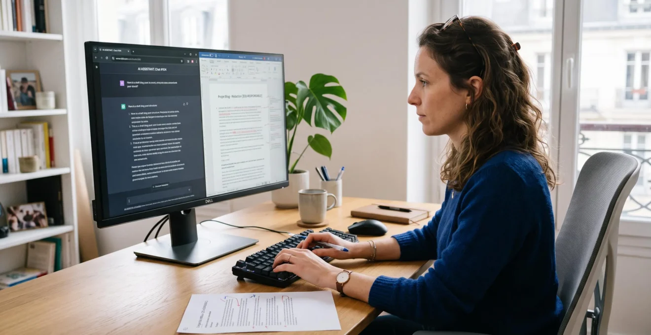 Une rédactrice web compare un texte généré par une interface de chat IA affichée sur son écran avec ses propres annotations manuscrites dans un bureau lumineux.