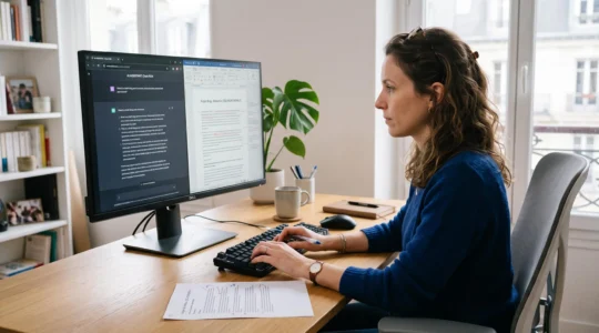 Une rédactrice web compare un texte généré par une interface de chat IA affichée sur son écran avec ses propres annotations manuscrites dans un bureau lumineux.